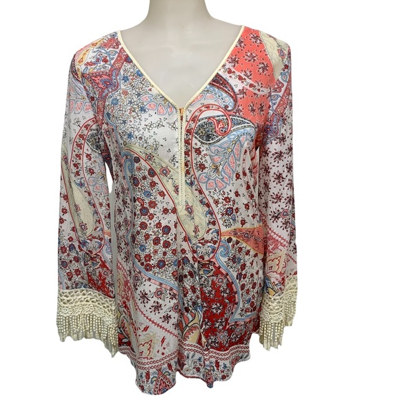 SUNDANCE Terrazzo Top XS Peasant Paisley Lace Fringe Trim Long Sleeves B… - Picture 3 of 13
